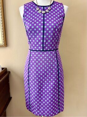 J Crew Sleeveless Sheath Dress Purple Medallion Foulard Print Size 2 Career Work